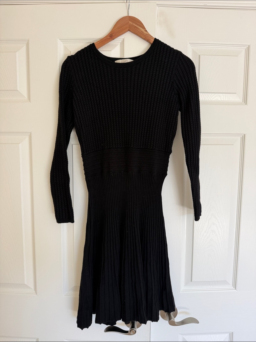LOFT Black Ribbed Long-Sleeve Fit-and-Flare Dress